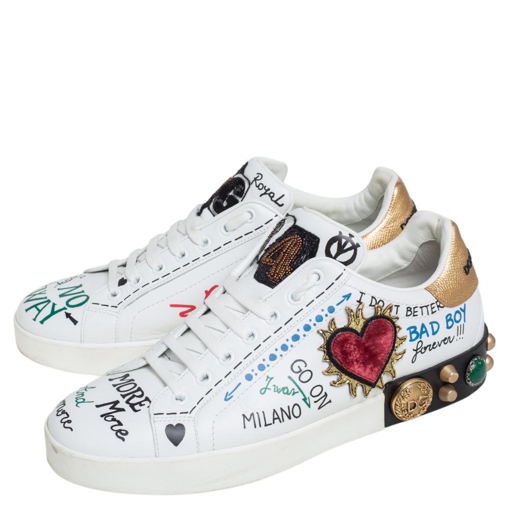 Dolce & Gabbana White Graffiti Printed Portofino Low Top Sneakers Size 37.5 2