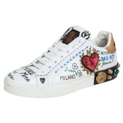 Dolce & Gabbana White Graffiti Printed Portofino Low Top Sneakers Size 37.5