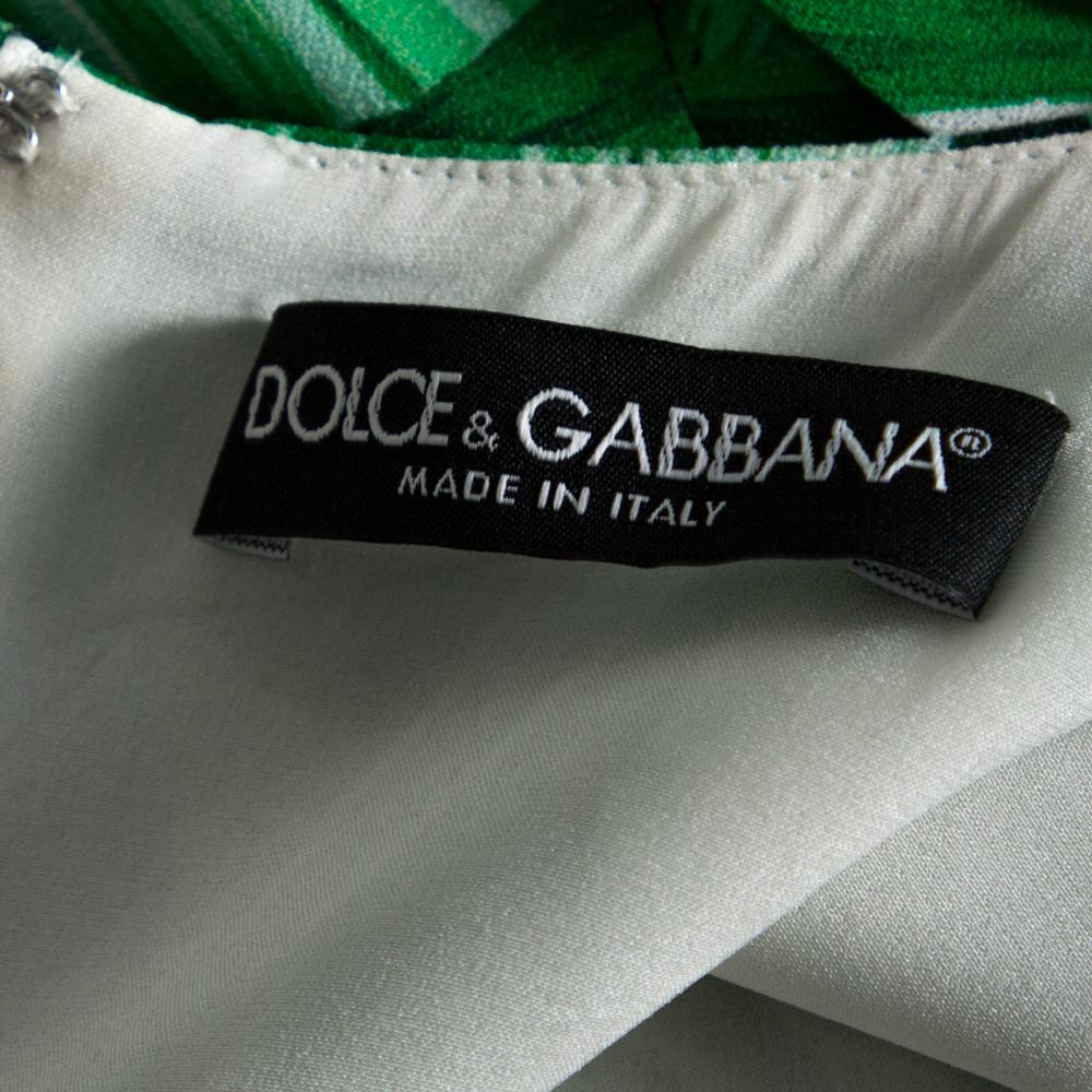 Blue Dolce & Gabbana White & Green Banana Leaf Print Libellula Detail Short Dress XS