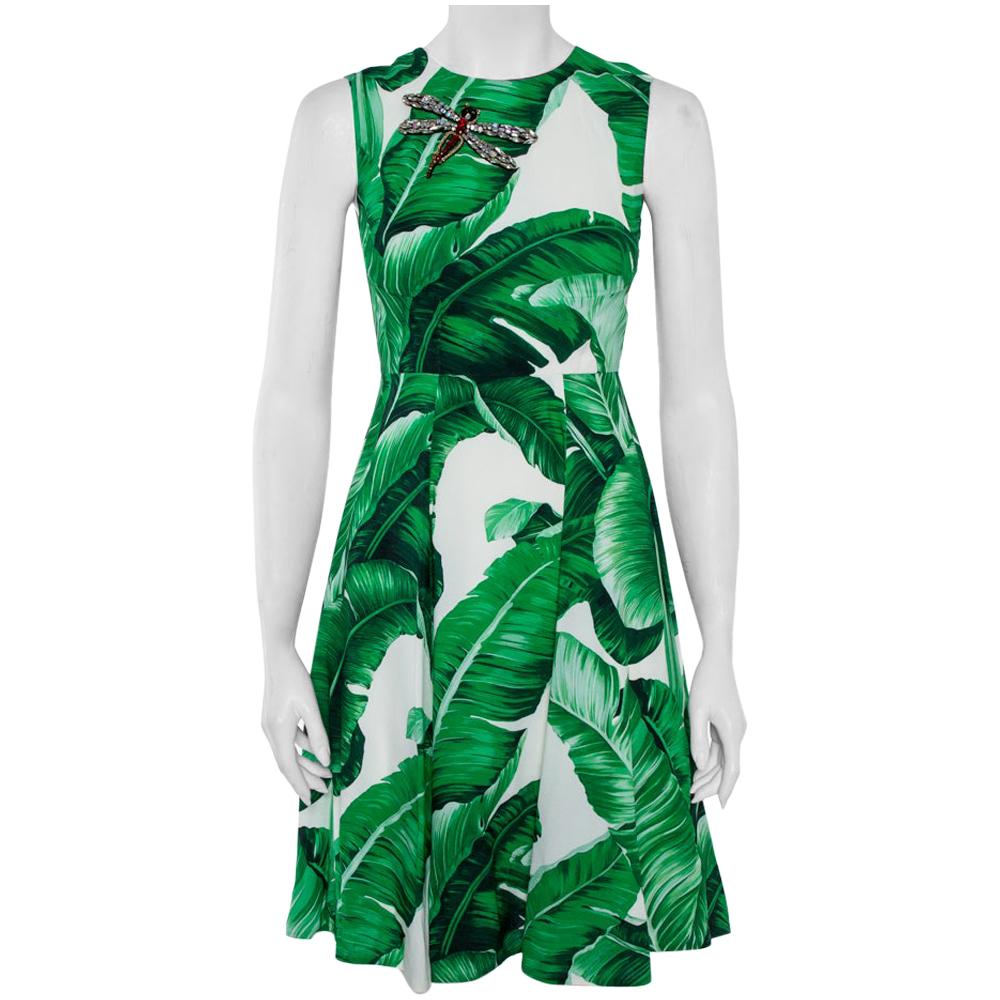 Dolce & Gabbana White & Green Banana Leaf Print Libellula Detail Short Dress XS