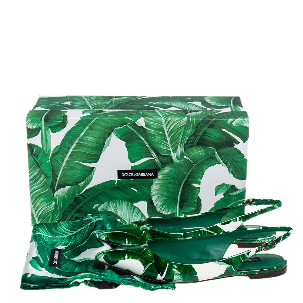 Women's Dolce & Gabbana White/Green Banana Leaf Print Slingback Flats Size 36.5