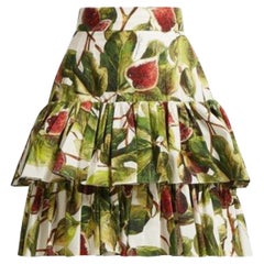 Dolce & Gabbana White Green Cotton Sicily Figs Ruffled Mid-length Skirt Midi DG