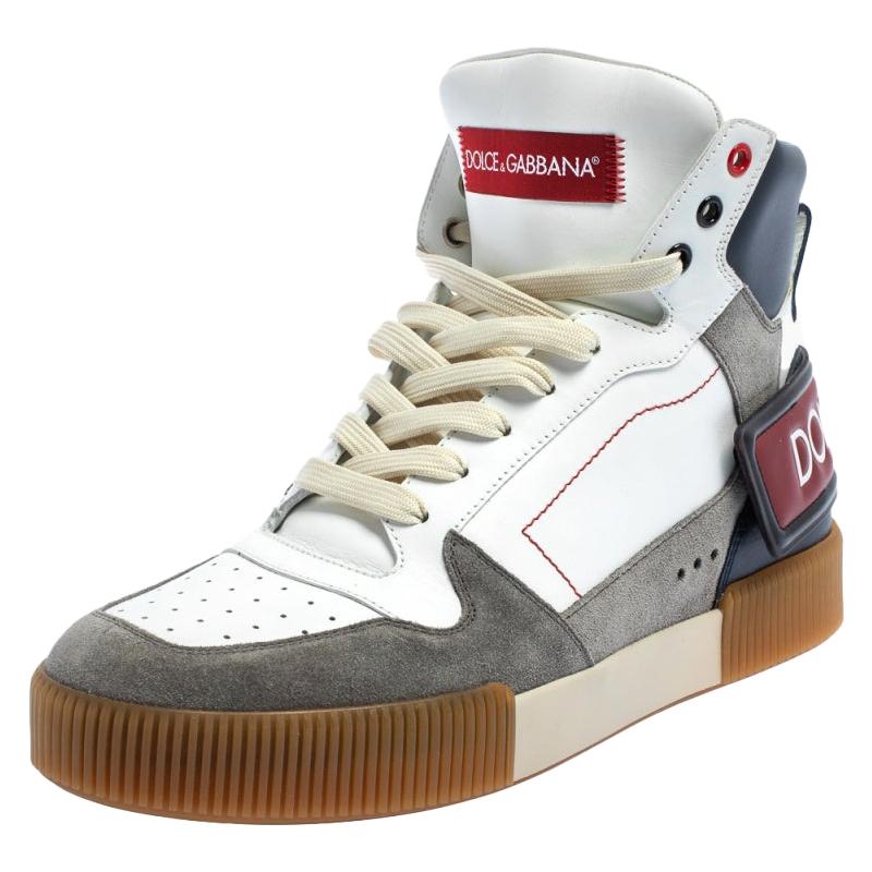 Dolce & Gabbana White/Grey Leather And Suede High Top Sneakers Size 42