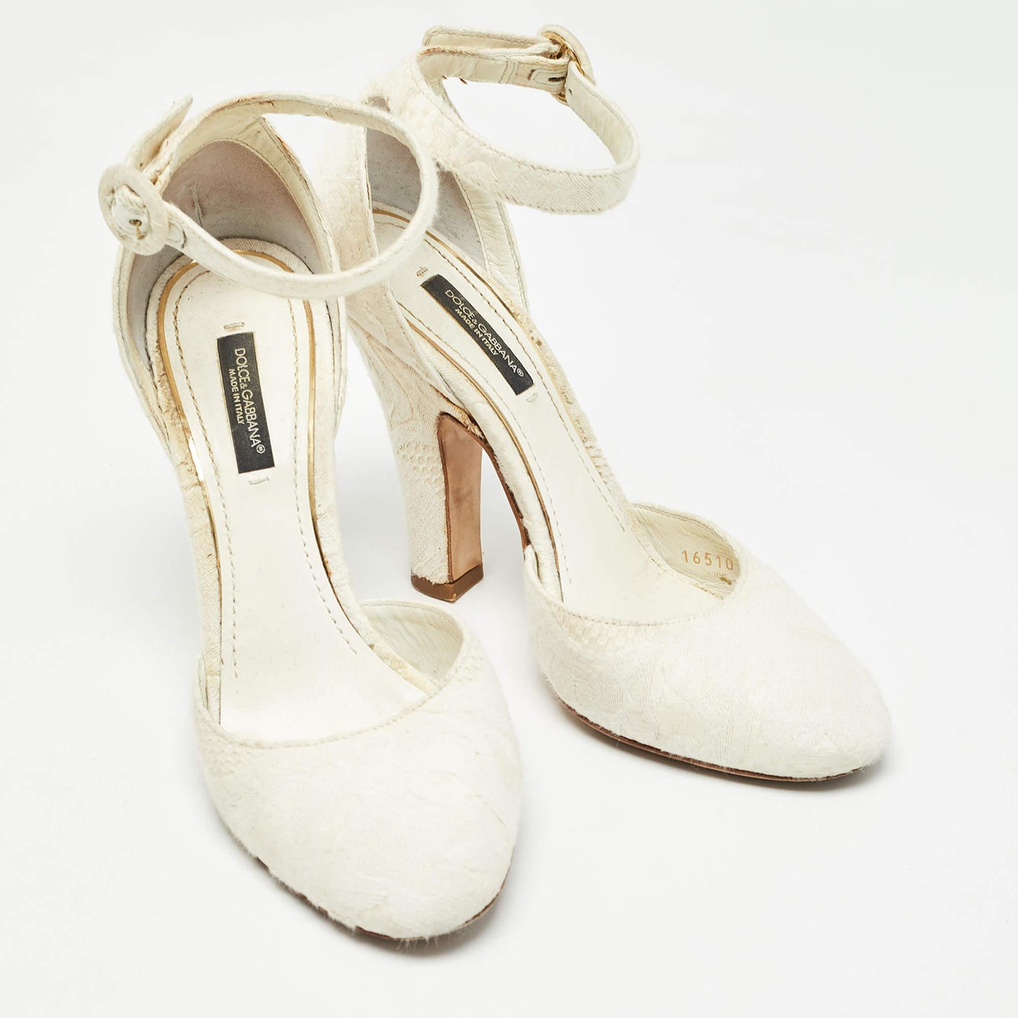 Dolce & Gabbana White Jacquard Fabric Ankle Strap Pumps Size 37 For Sale 1
