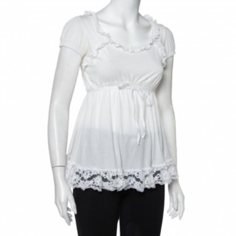 Women's Dolce & Gabbana White Knit Lace Trim Waist Tie Detail Top M For Sale