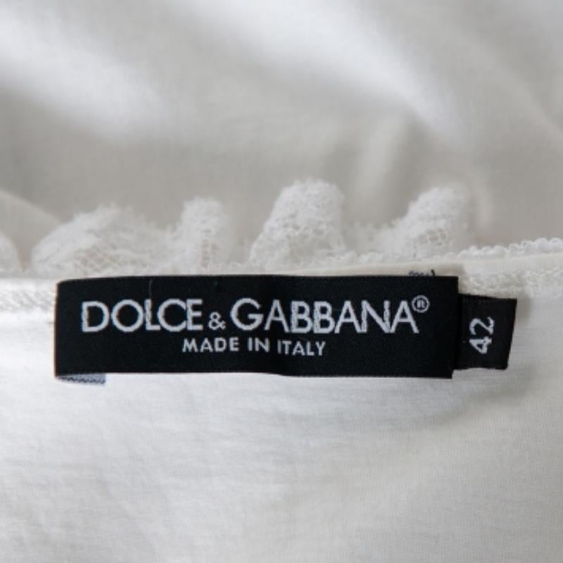 Dolce & Gabbana White Knit Lace Trim Waist Tie Detail Top M For Sale 1