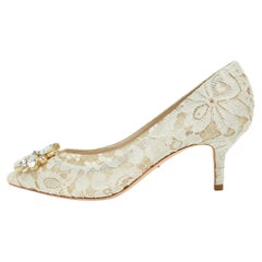 Dolce & Gabbana White Lace Crystal Embellished Bellucci Pumps Size 38