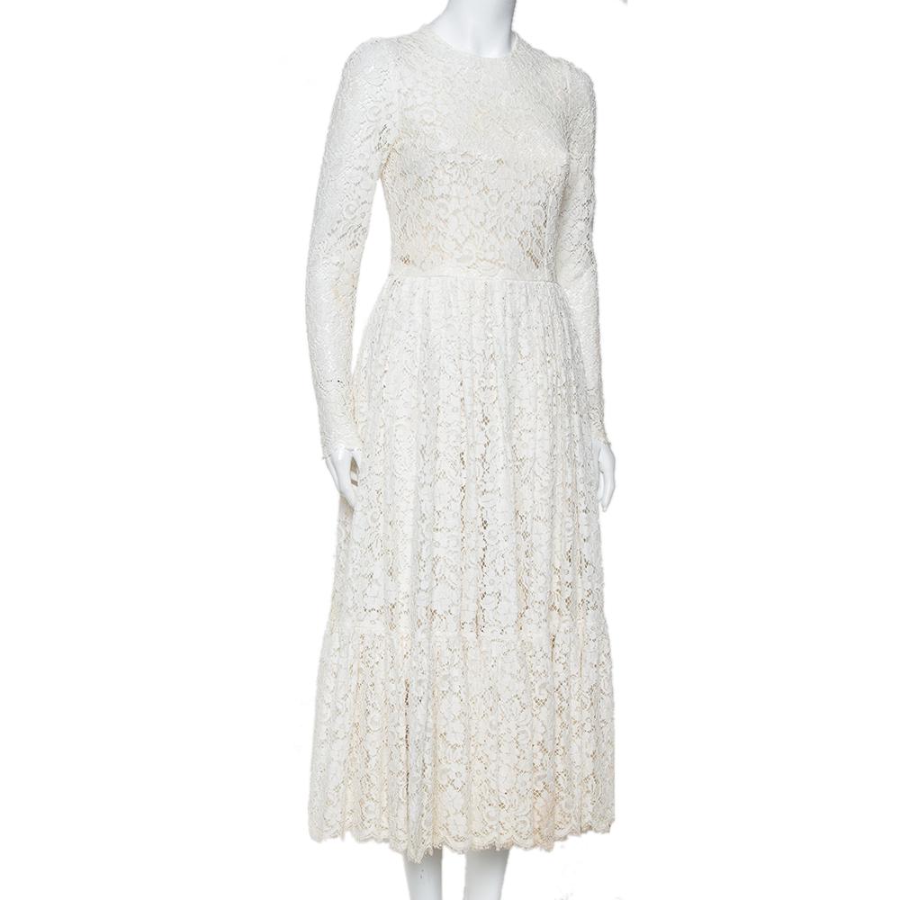 Gray Dolce & Gabbana White Lace Flared Maxi Dress M