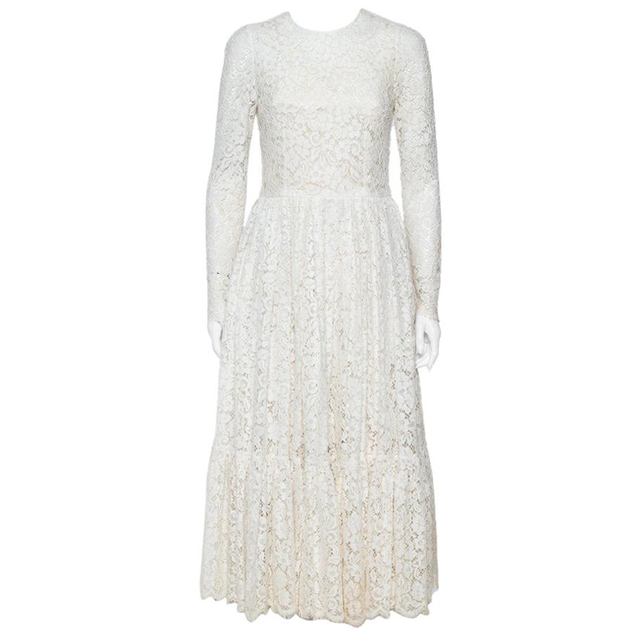 Dolce & Gabbana White Lace Flared Maxi Dress M