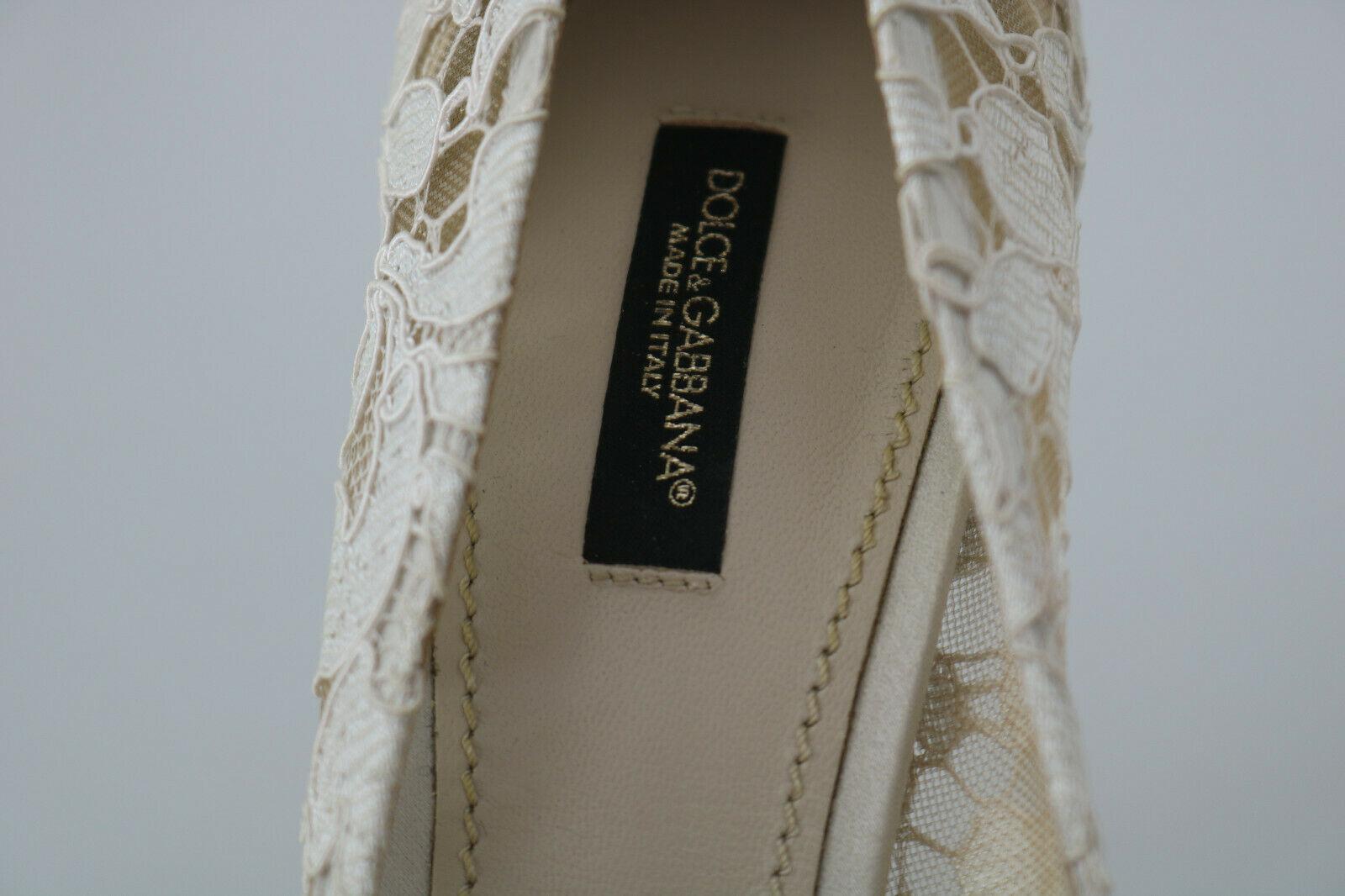 Brown Dolce & Gabbana White Lace Pointy Pumps Heels Shoes Floral Jewel Crystals