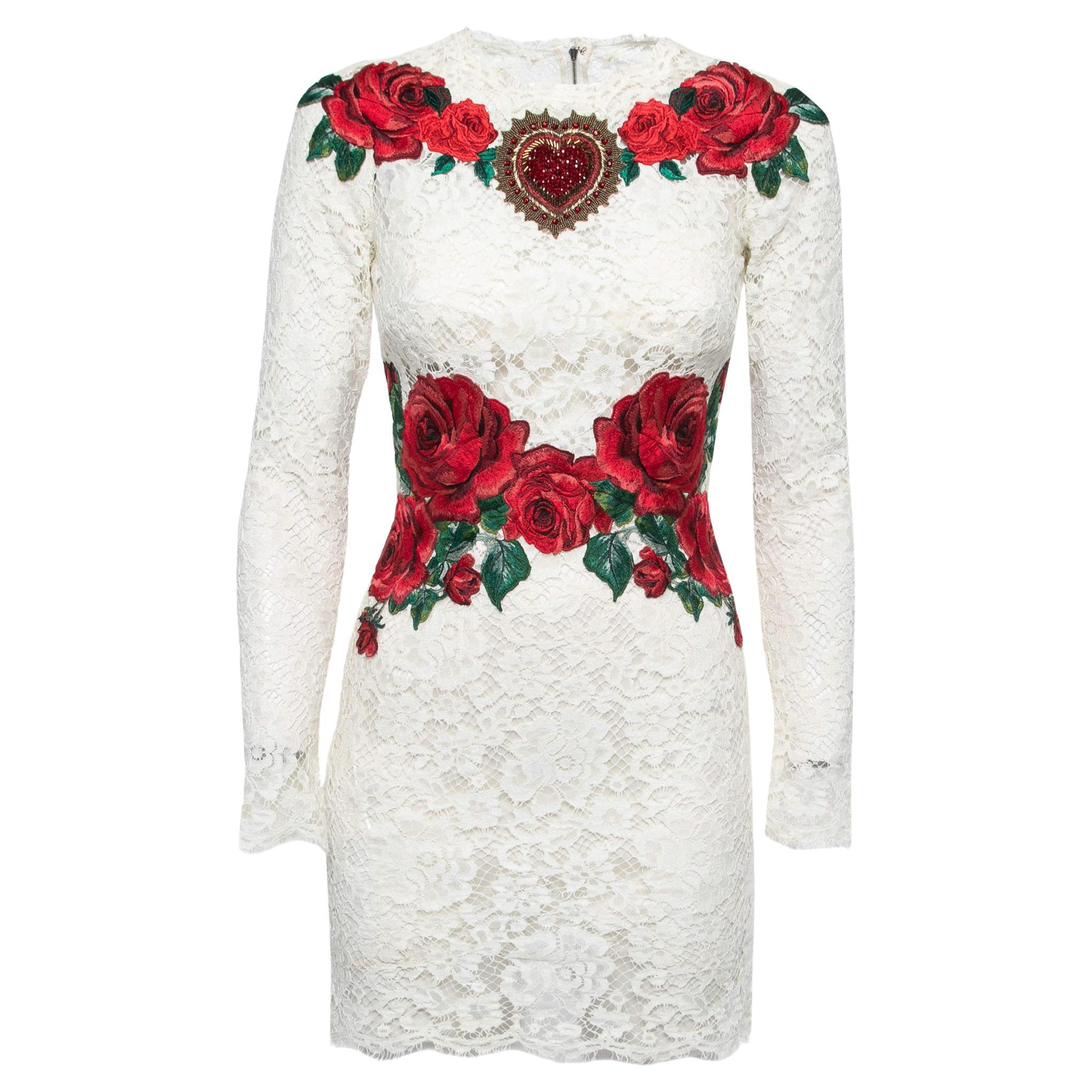Dolce & Gabbana White Lace Rose Embroidered Mini Dress 