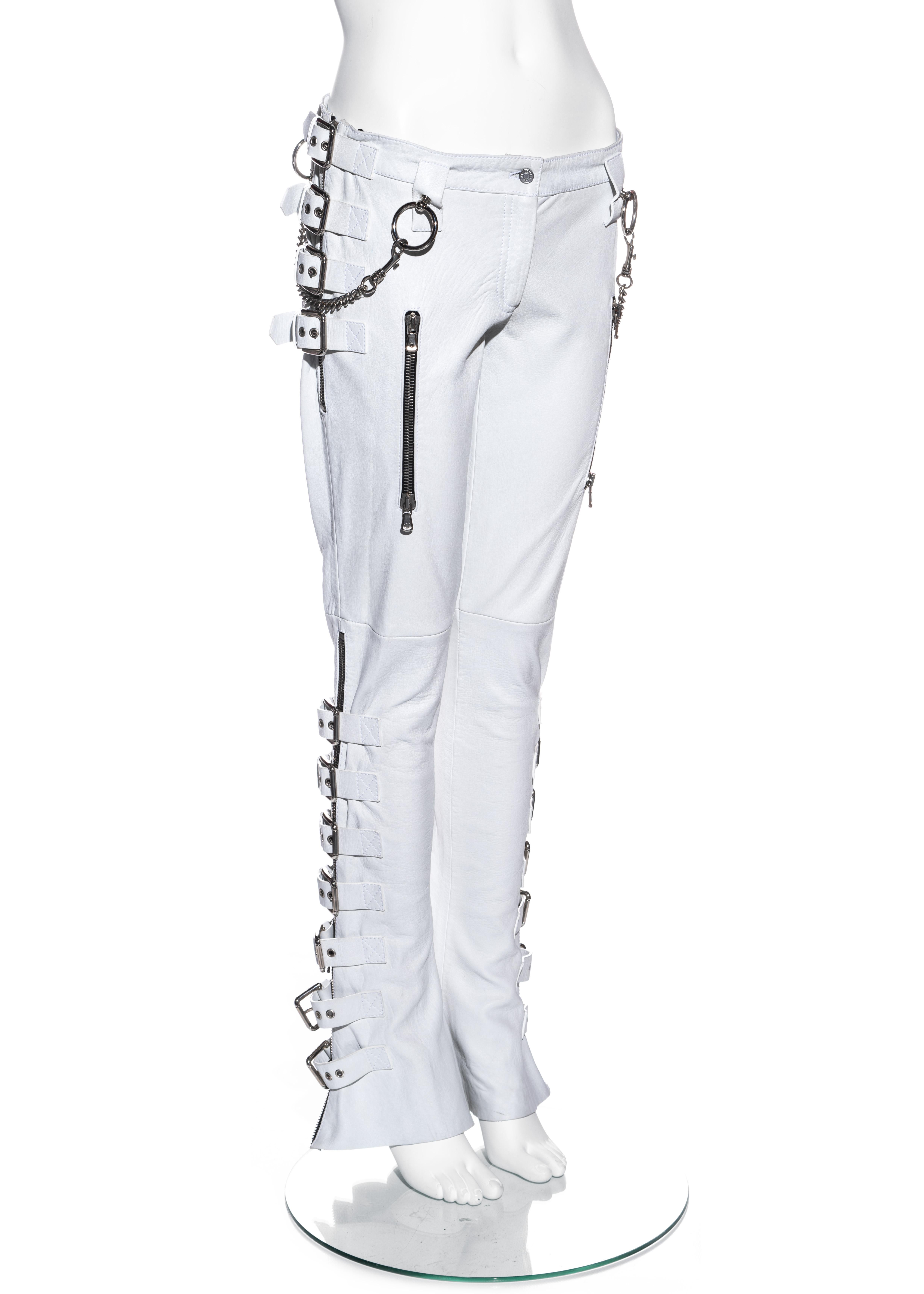 Gray Dolce & Gabbana white lambskin leather buckled bondage pants, ss 2003 For Sale