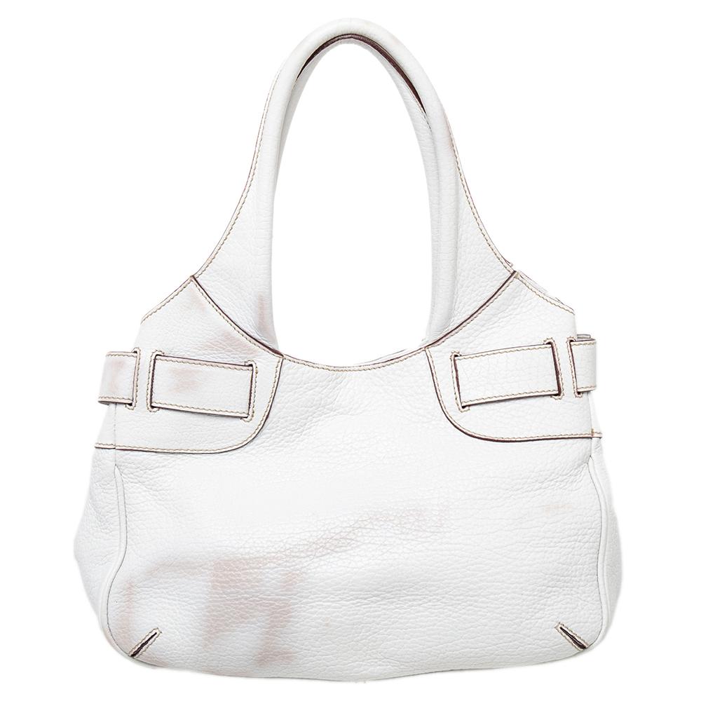 Stylish, slouchy and perfect for day events, this hobo bag by Dolce & Gabbana is stunning. It has been crafted from leather and comes in a lovely shade of white. It has buckle details, a front pocket, dual handles and a spacious fabric interior. It