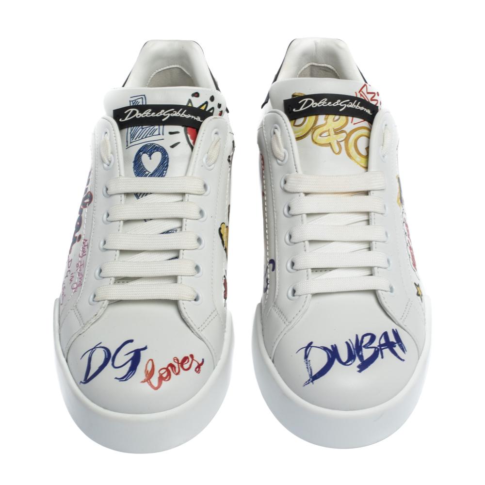Just looking at these chic Dolce & Gabbana sneakers will put a spring in your step. Featuring Dubai Graffiti print, these stylish white sneakers will add a fun vibe to your look. The playful design of these leather sneakers is sure to win your heart