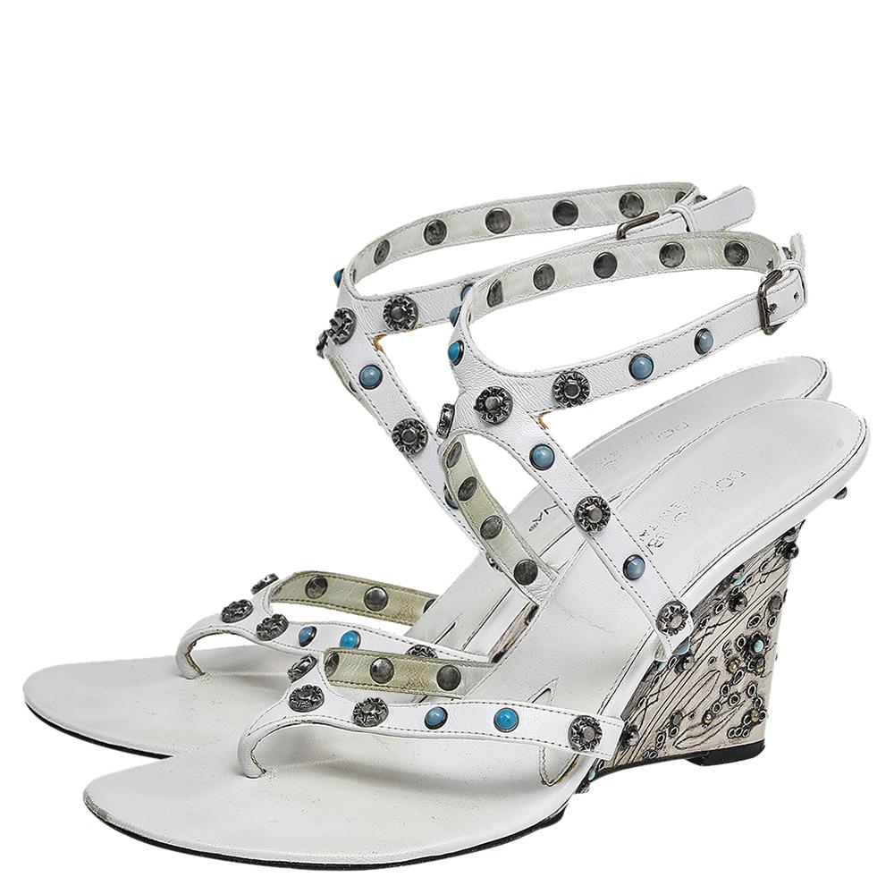 Gray Dolce & Gabbana White Leather Embellished Ankle Strap Sandals Size 38.5 For Sale