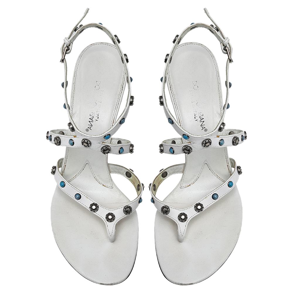 Women's Dolce & Gabbana White Leather Embellished Ankle Strap Sandals Size 38.5 For Sale