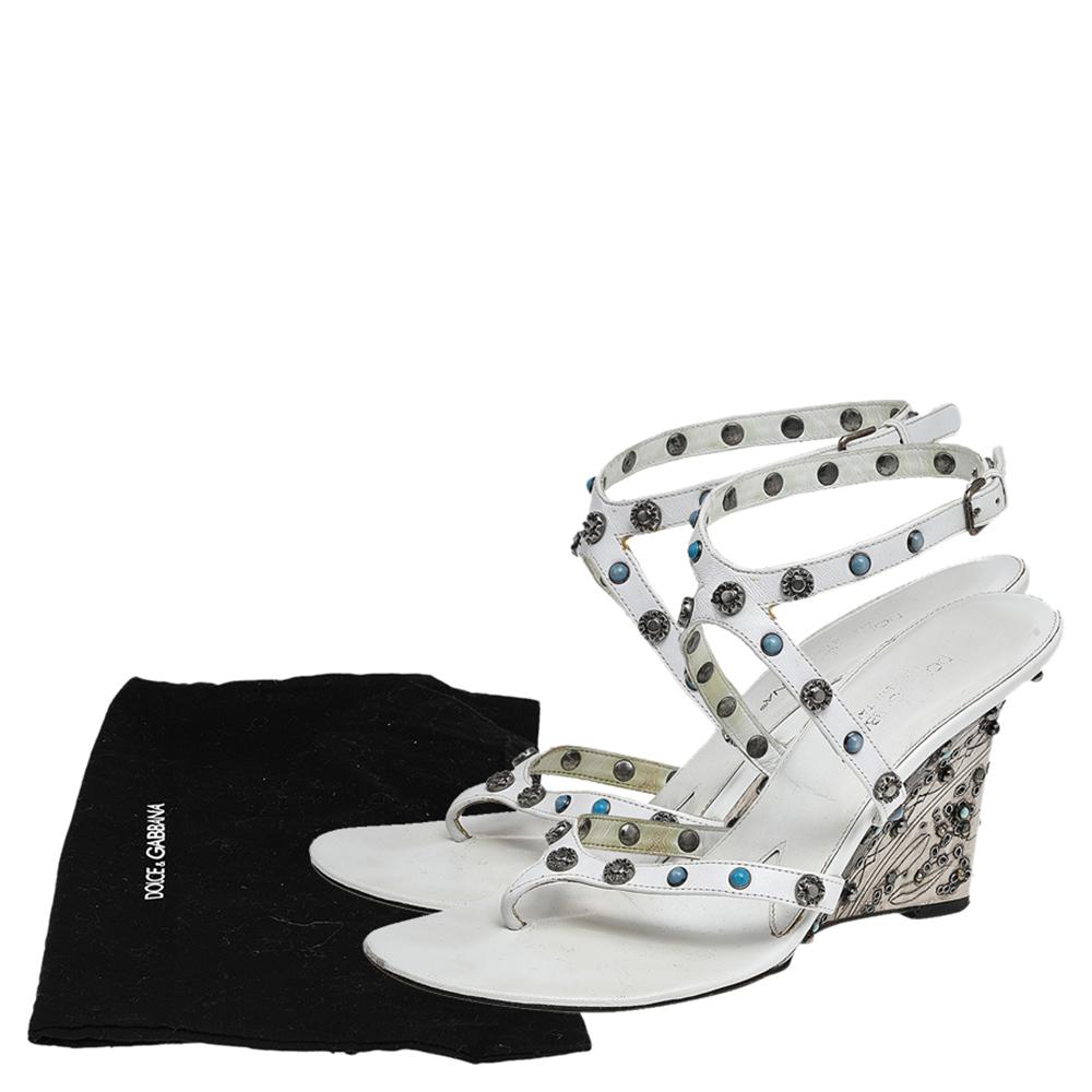 Dolce & Gabbana White Leather Embellished Ankle Strap Sandals Size 38.5 For Sale 3