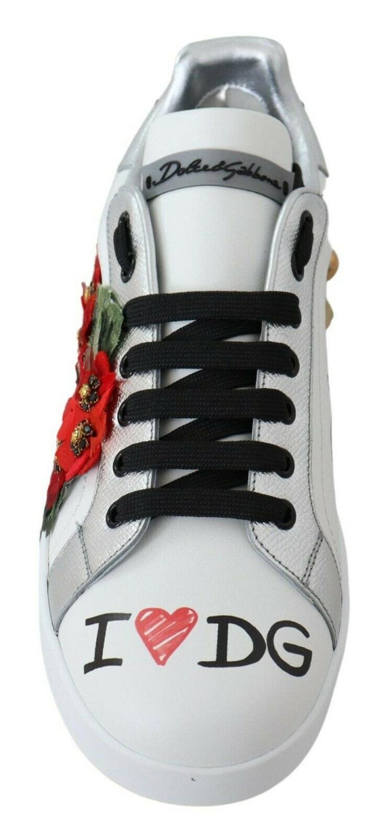 Dolce and Gabbana White Leather Floral Portofino Shoes Sport Sneakers I  Love DG For Sale at 1stDibs