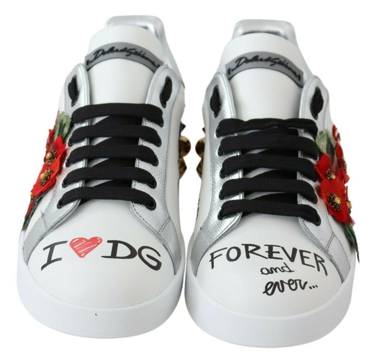 Dolce and Gabbana White Leather Floral Portofino Shoes Sport Sneakers I Love  DG For Sale at 1stDibs