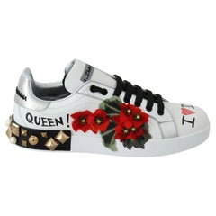 Dolce & Gabbana White Leather Floral Portofino Shoes Sport Sneakers I Love DG