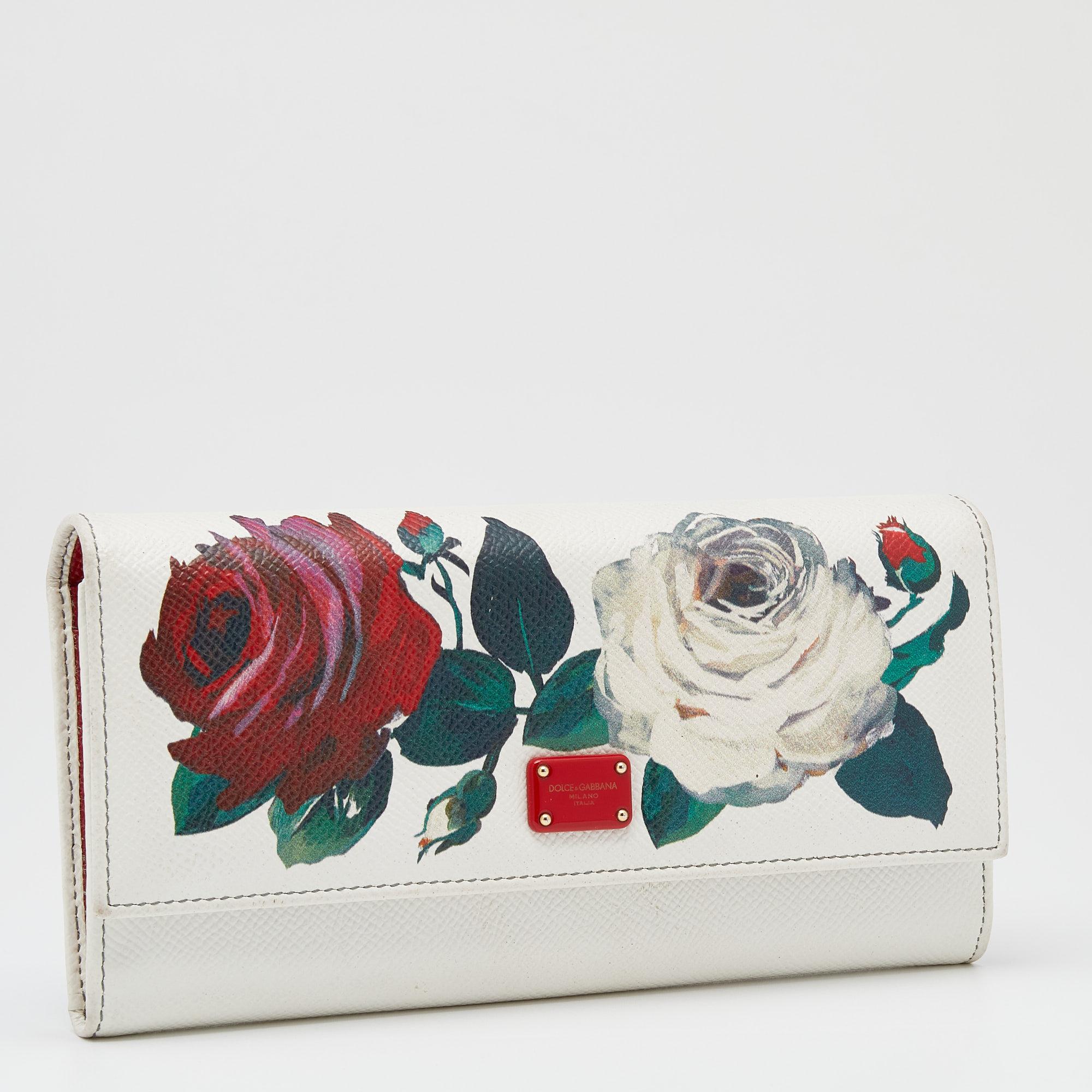 Gray Dolce & Gabbana White Leather Floral Print Dauphine Continental Wallet