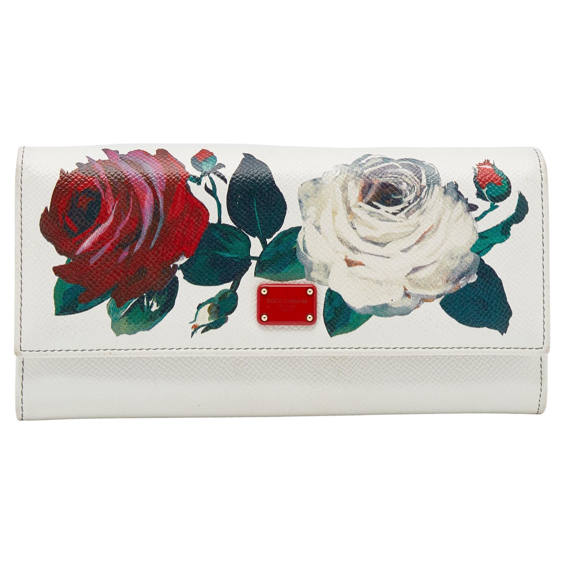 Dolce & Gabbana White Leather Floral Print Dauphine Continental Wallet