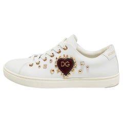 Dolce & Gabbana White Leather Heart Stud Low Top Sneakers Size 36.5