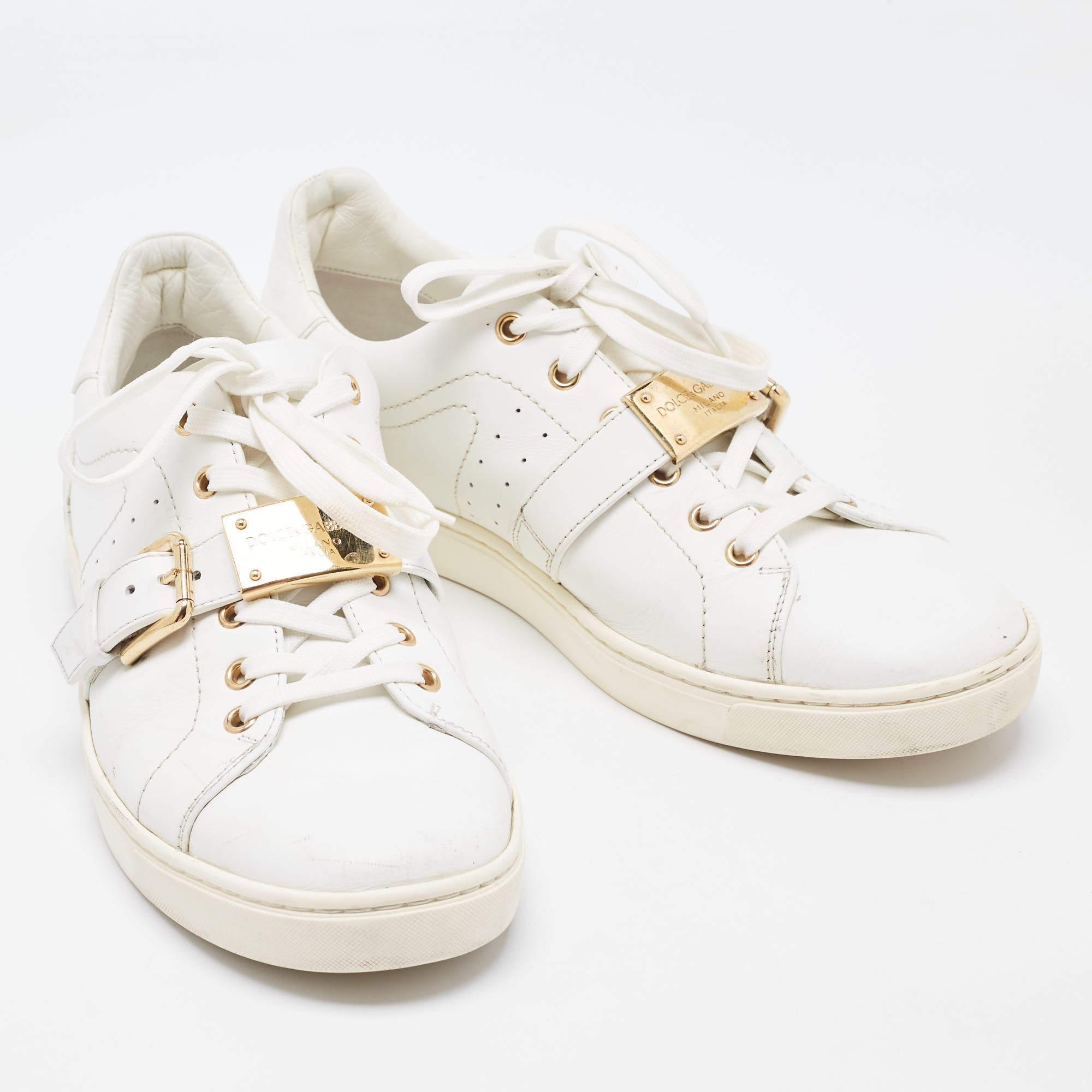Women's Dolce & Gabbana White Leather Lace Up And Buckle Low Top Sneakers Size 41 For Sale