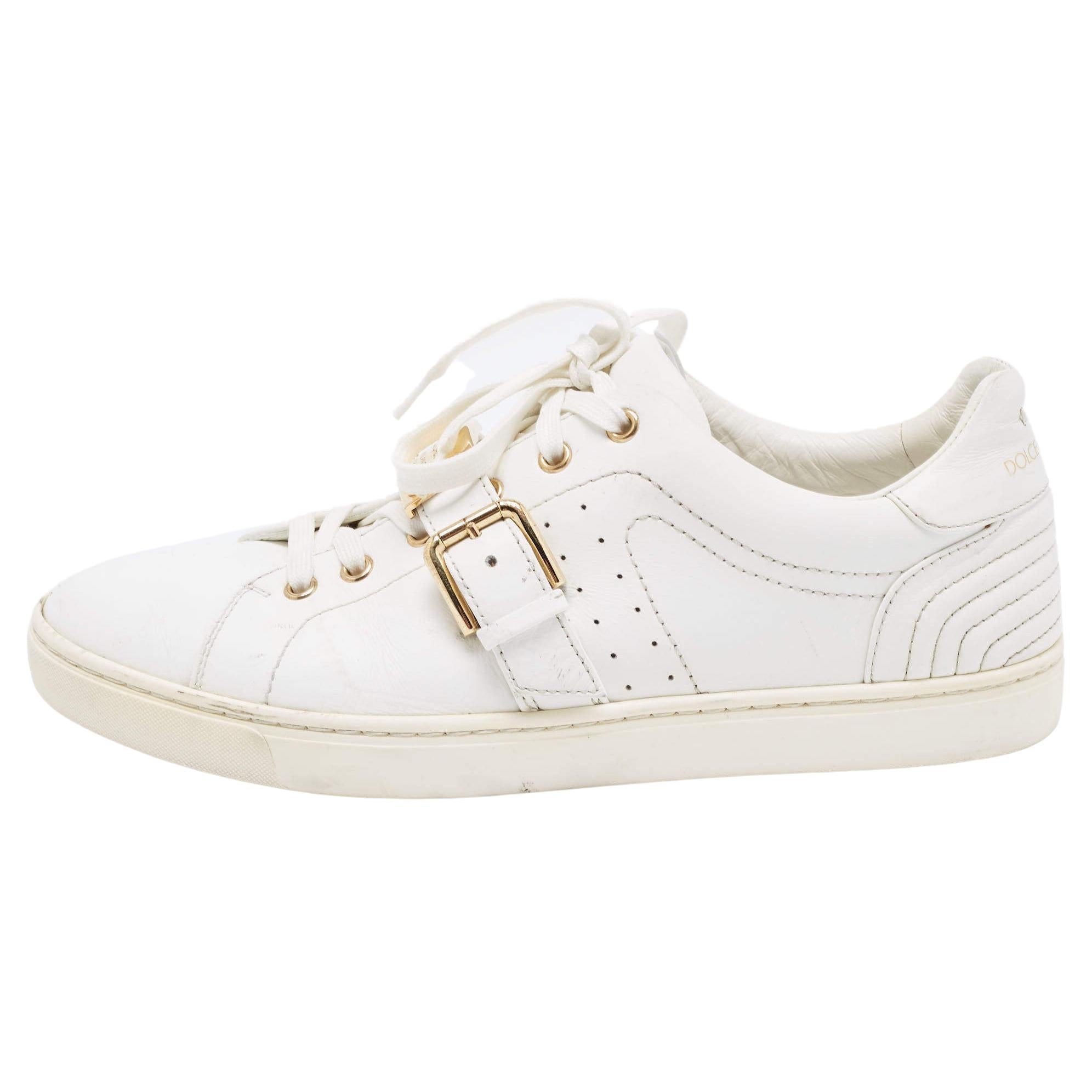 Dolce & Gabbana White Leather Lace Up And Buckle Low Top Sneakers Size 41 For Sale