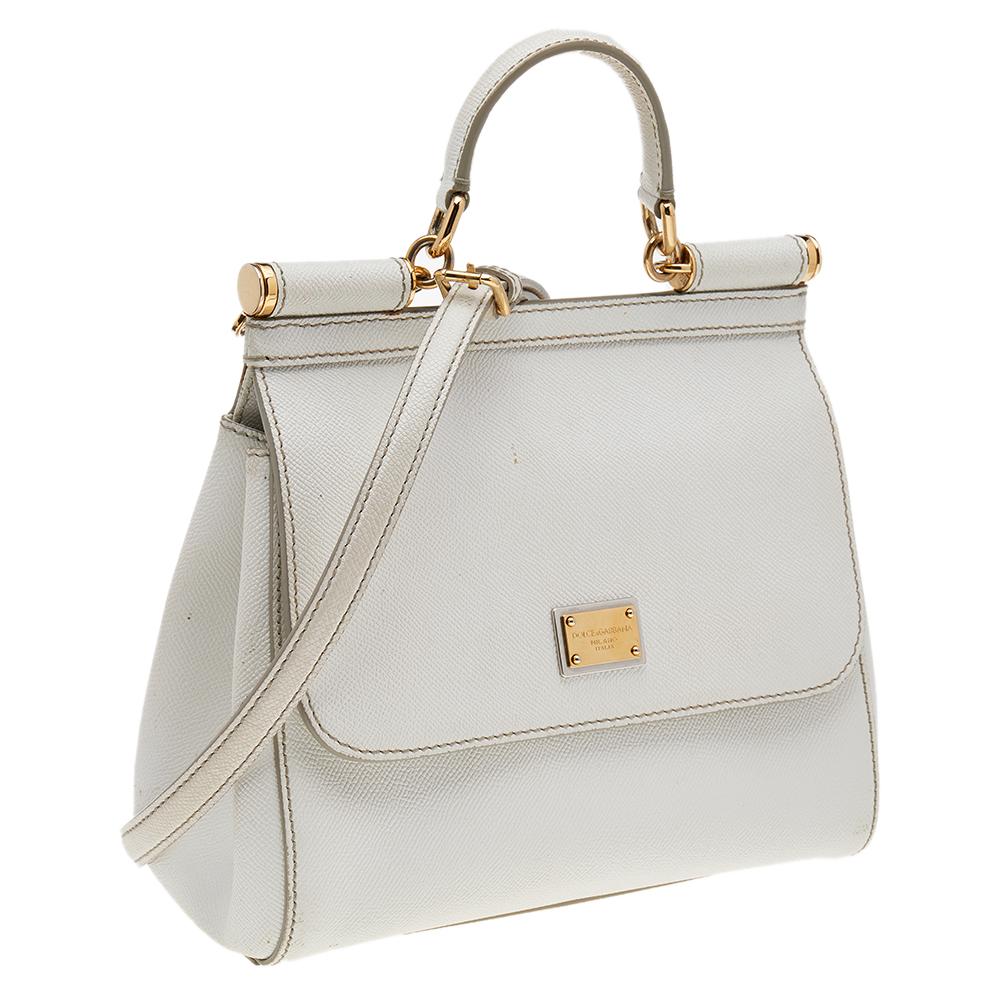 Gray Dolce & Gabbana White Leather Medium Miss Sicily Top Handle Bag