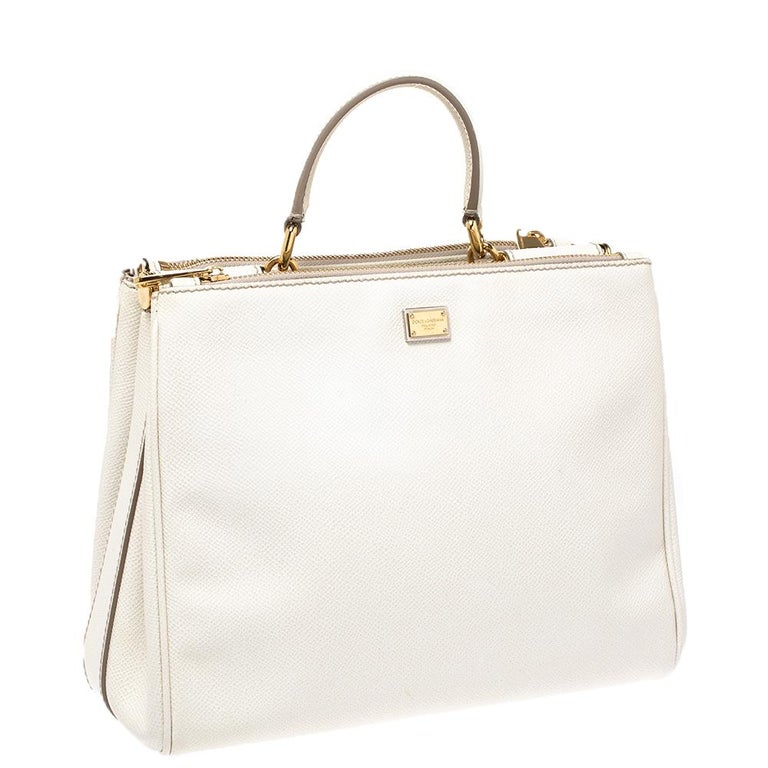 Dolce and Gabbana White Leather Miss Sicily Double Zip Top Handle Bag