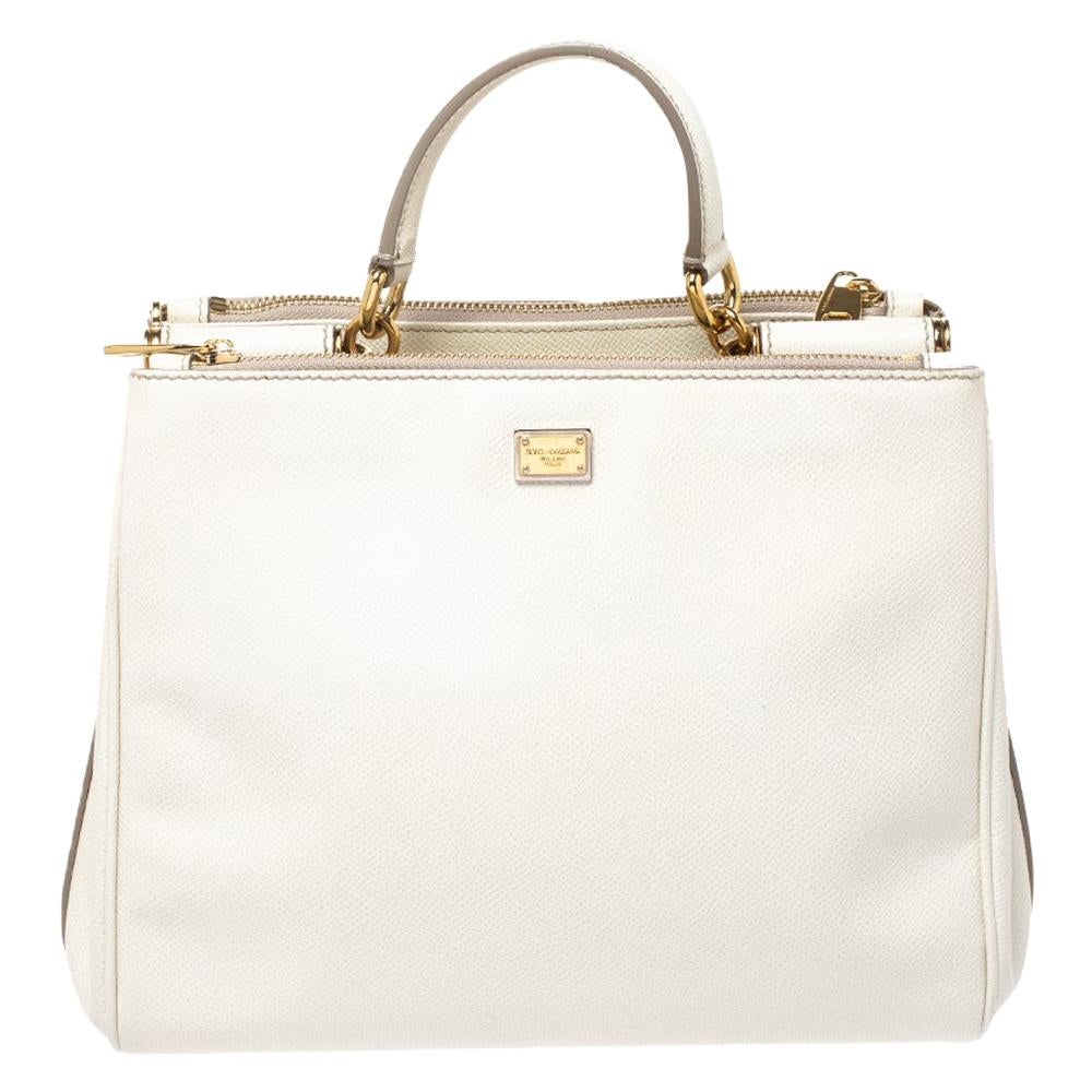 Dolce & Gabbana White Leather Miss Sicily Double Zip Top Handle Bag