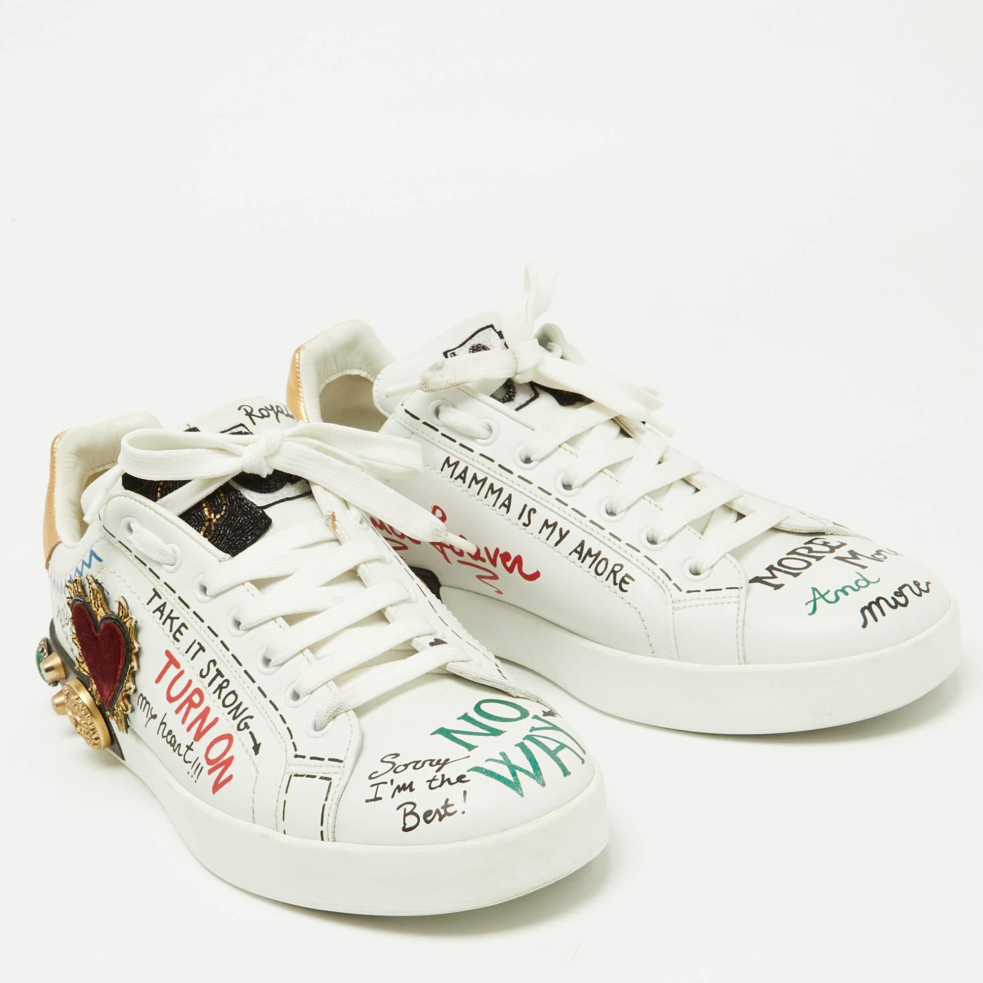 Dolce & Gabbana White Leather Pearl and Stud Embellished Lace Up Sneakers  In Good Condition In Dubai, Al Qouz 2