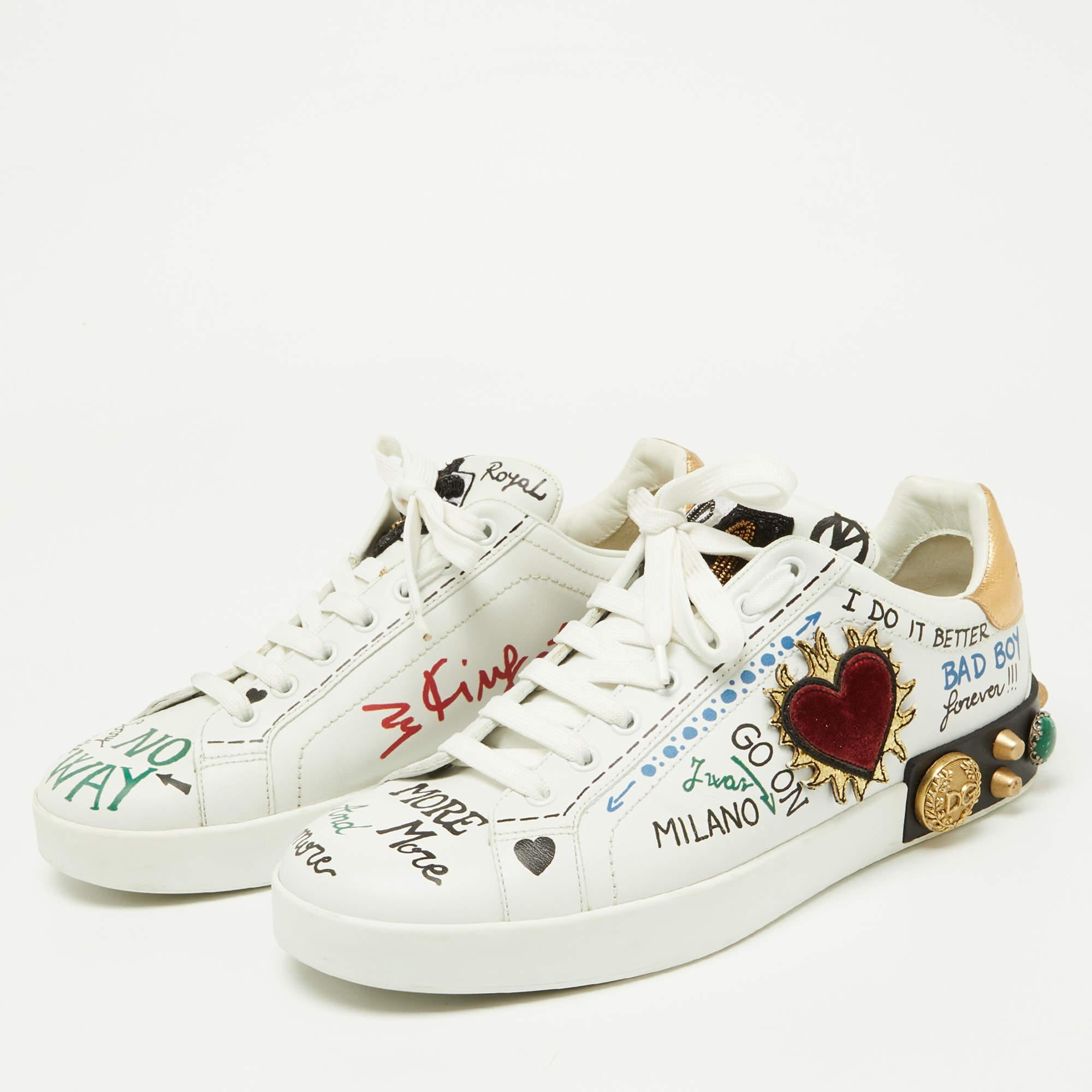 Dolce & Gabbana White Leather Pearl and Stud Embellished Lace Up Sneakers  2