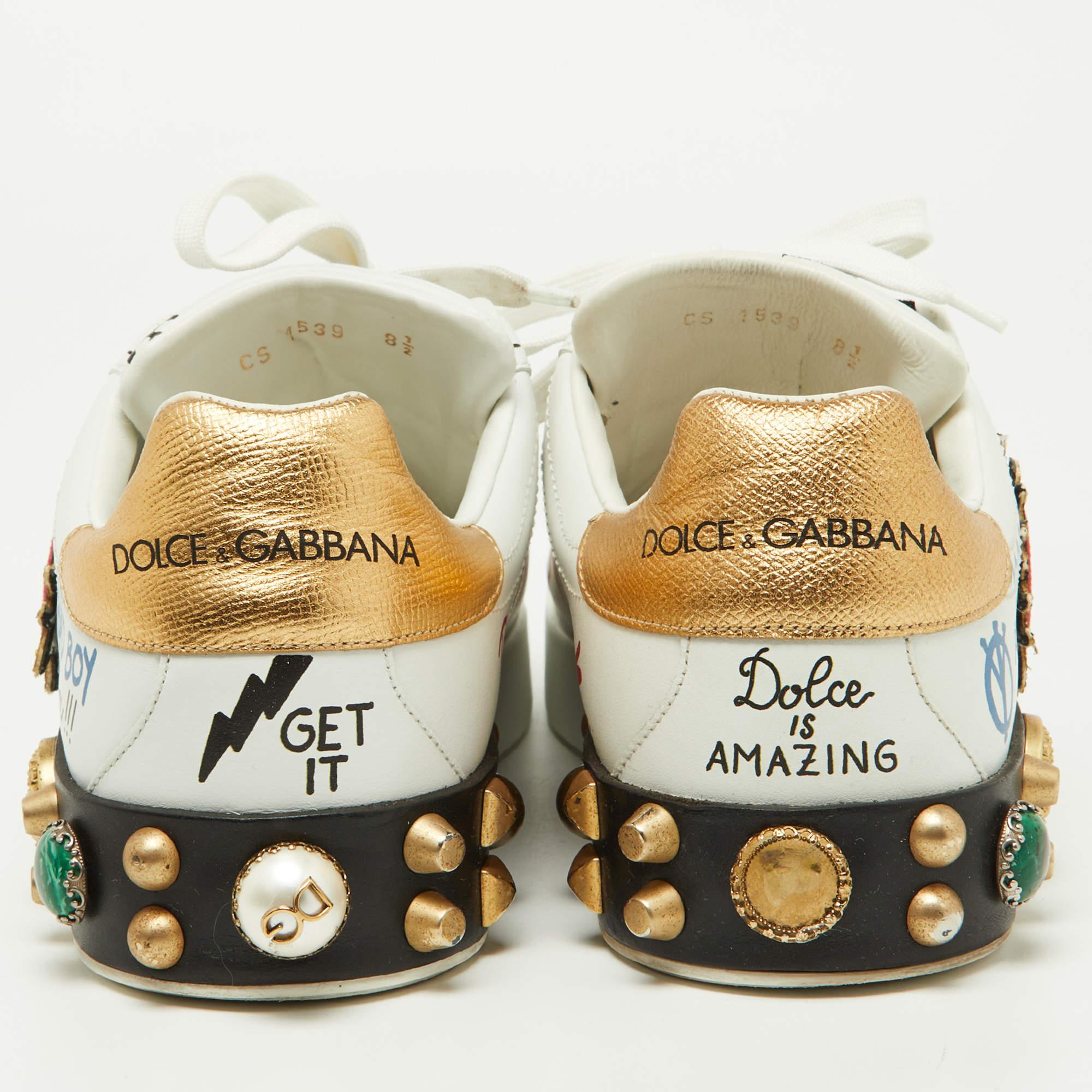 Dolce & Gabbana White Leather Pearl and Stud Embellished Lace Up Sneakers  4