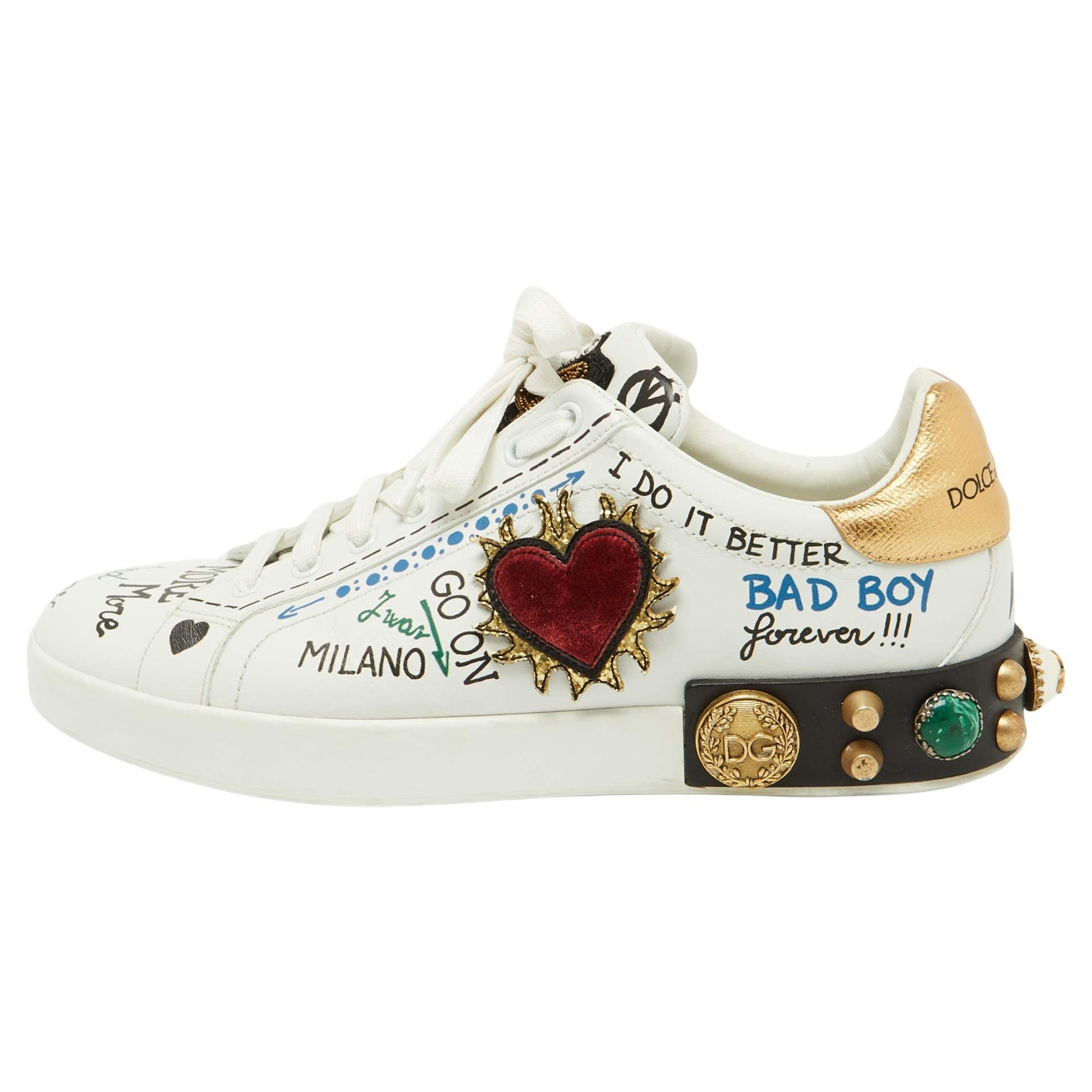 Dolce & Gabbana White Leather Pearl and Stud Embellished Lace Up Sneakers 