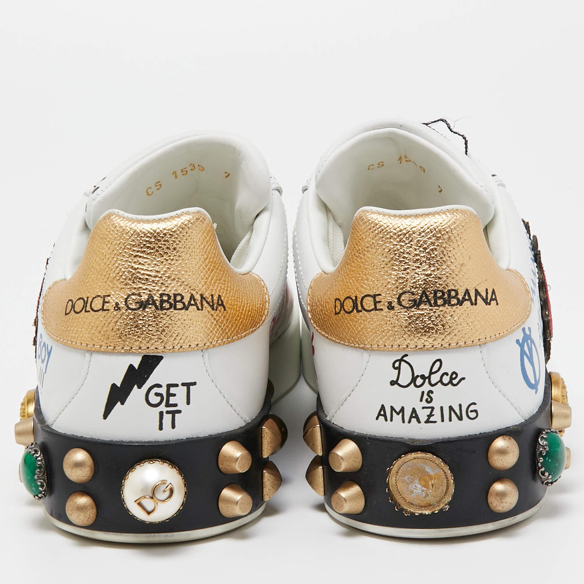 Dolce & Gabbana White Leather Portofino Graffiti Heart Applique Low Top Sneakers 1