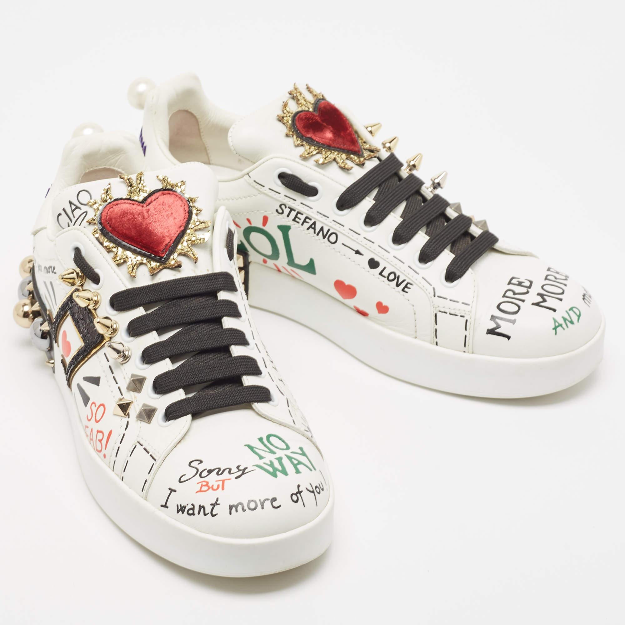 Women's Dolce & Gabbana White Leather Portofino Graffiti Heart Applique Low top Sneakers