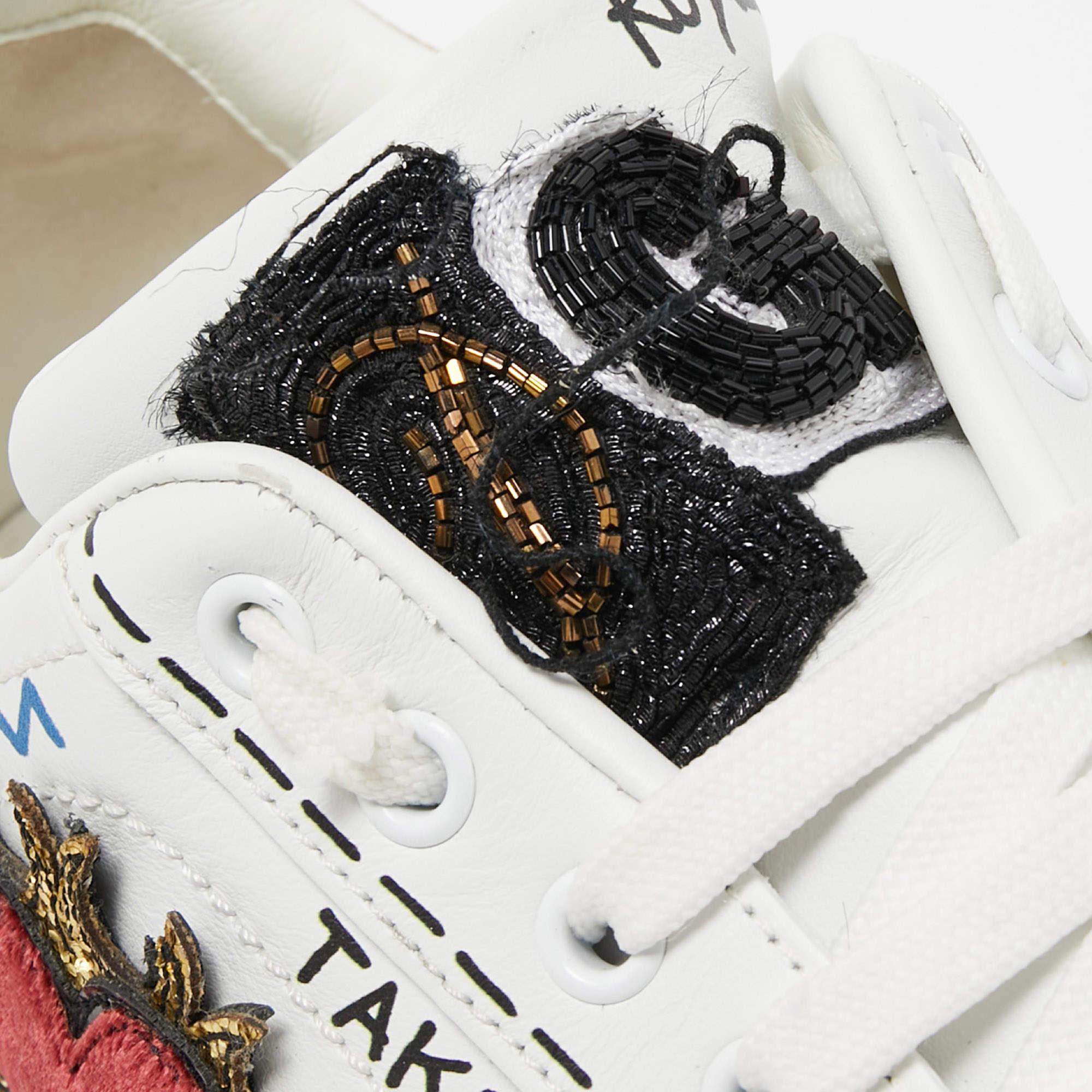 Dolce & Gabbana White Leather Portofino Graffiti Heart Applique Low Top Sneakers 3