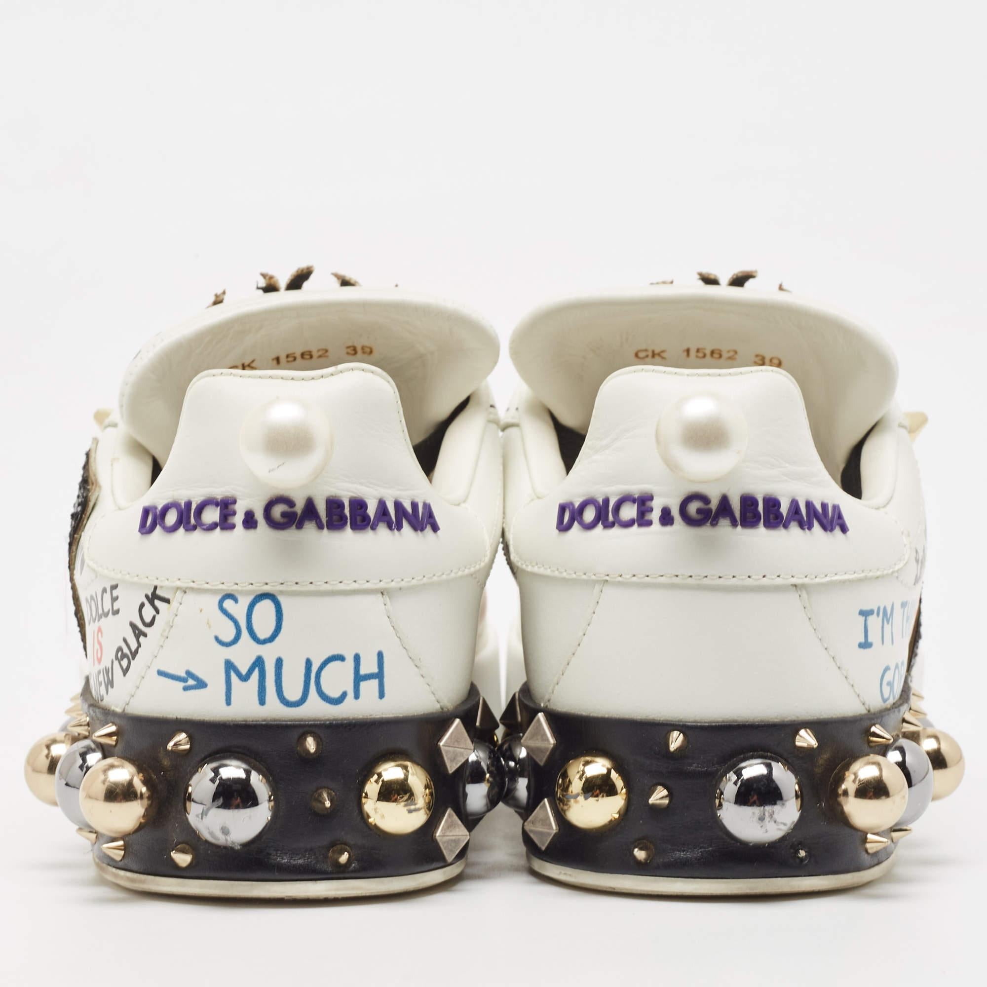 Dolce & Gabbana White Leather Portofino Graffiti Heart Applique Low top Sneakers 3