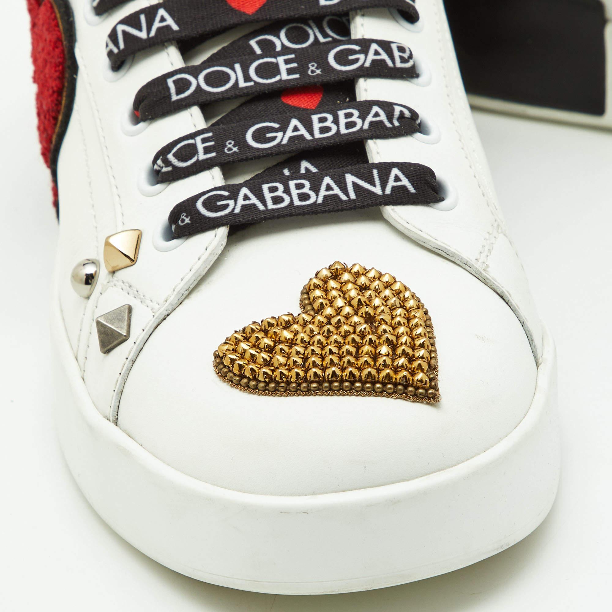 Dolce & Gabbana White Leather Portofino Heart Low Top Sneakers Size 39.5 2