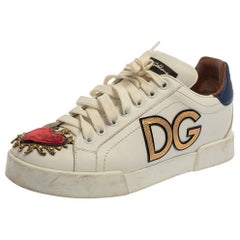 Dolce & Gabbana White Leather Portofino Sacred Heart Sneakers Size 37