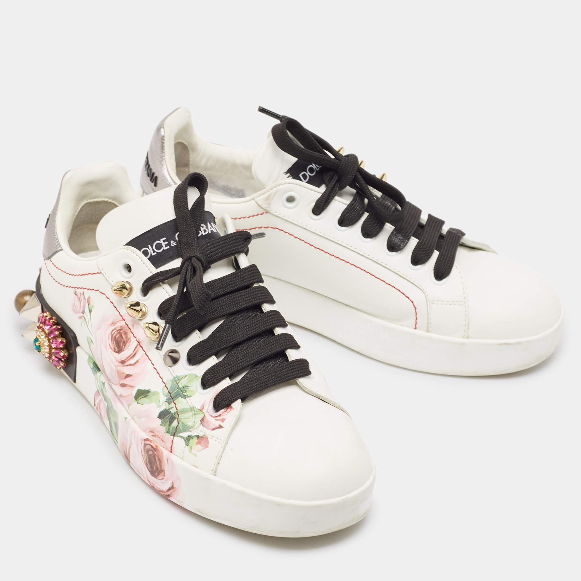 Women's Dolce & Gabbana White Leather Printed Appliques Sneakers Size 37