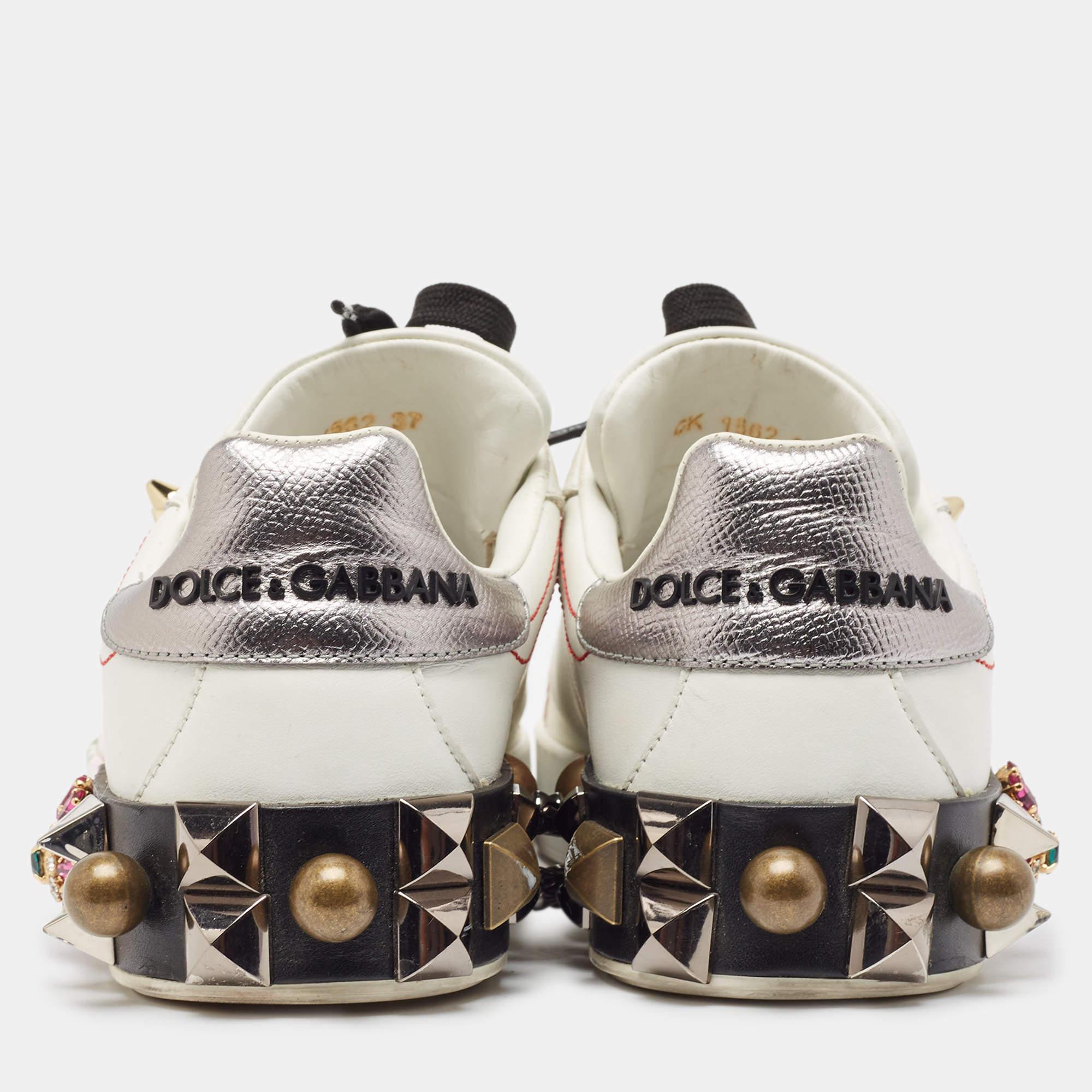 Dolce & Gabbana White Leather Printed Appliques Sneakers Size 37 1