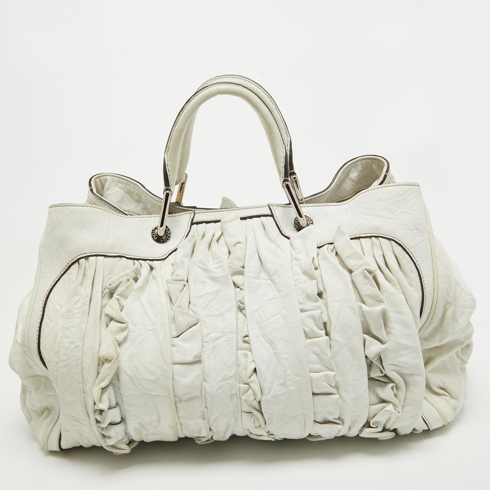 Dolce & Gabbana White Leather Ruffle Miss Brooke Satchel For Sale 13