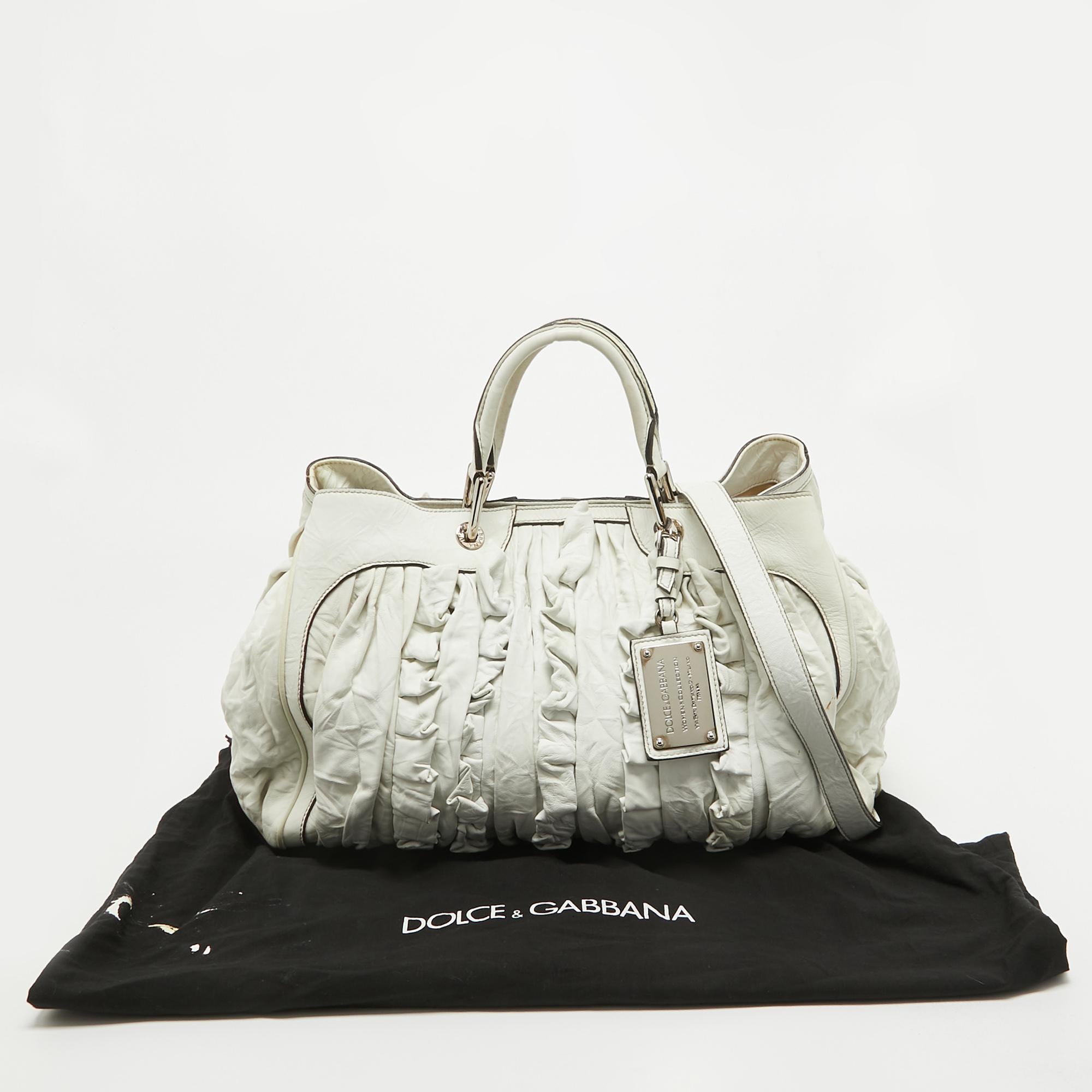 Dolce & Gabbana White Leather Ruffle Miss Brooke Satchel For Sale 16
