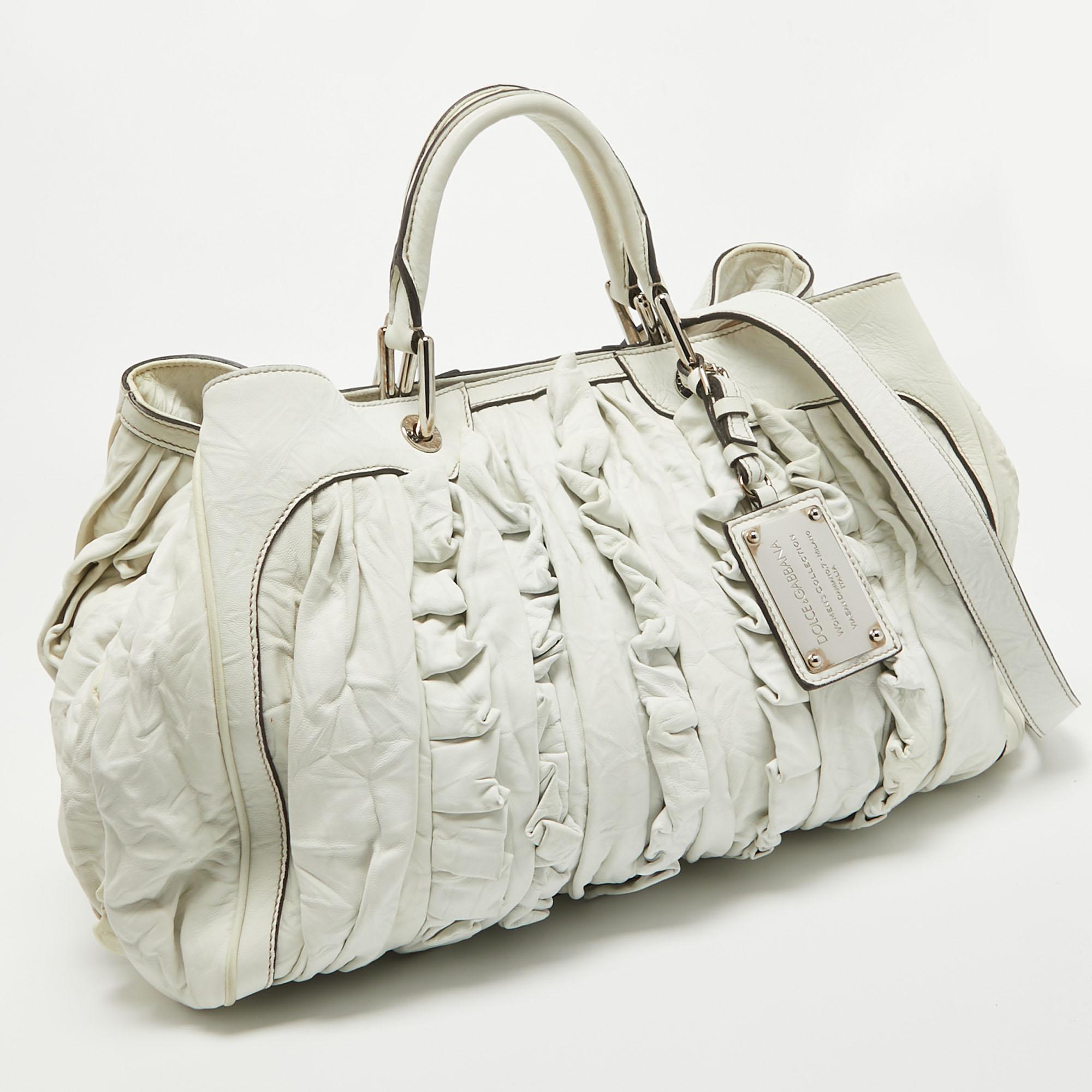 Dolce & Gabbana White Leather Ruffle Miss Brooke Satchel In Good Condition For Sale In Dubai, Al Qouz 2