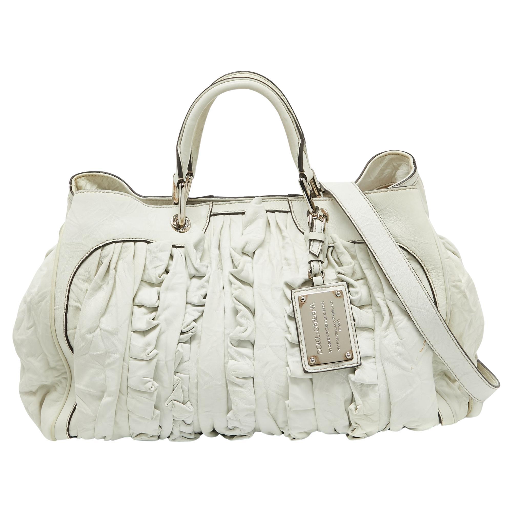 Dolce & Gabbana White Leather Ruffle Miss Brooke Satchel For Sale