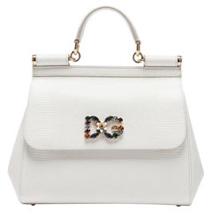 Dolce & Gabbana White Leather Sicily Handbag Shoulder Top Handle Bag DG Crystals