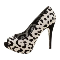 Dolce & Gabbana White Leopard Print Calfhair Peep Toe Platform Pumps Size 35.5